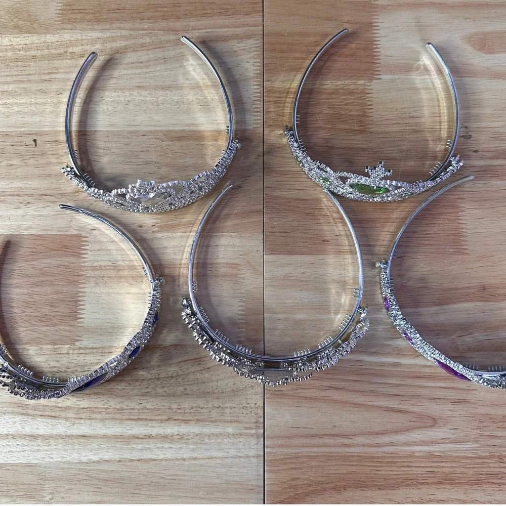 Kids Princess Tiara Headband Set 5 Pack Heart Gemstone Silver Costume Crowns